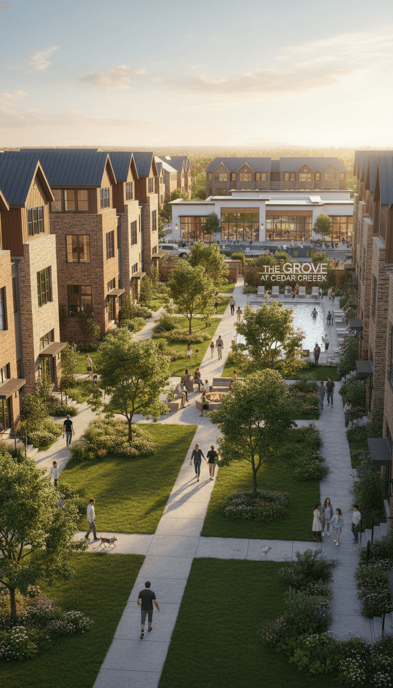 Sunlit residential courtyard with brick buildings, lush landscaping, walking paths, and a community swimming pool.
