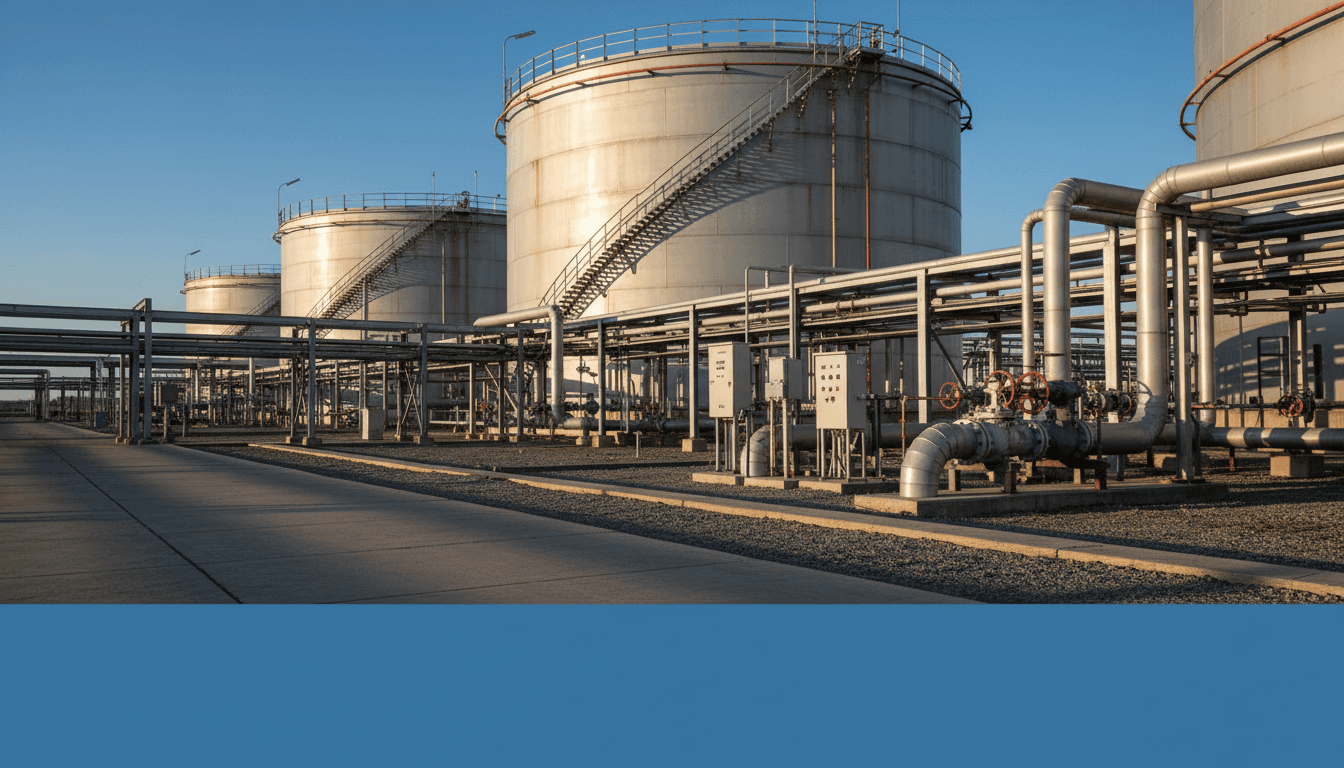 Modern petroleum terminal facility with industrial storage infrastructure