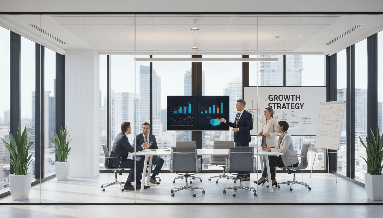 Two professionals reviewing EB-5 investment documents at a modern office table with city views