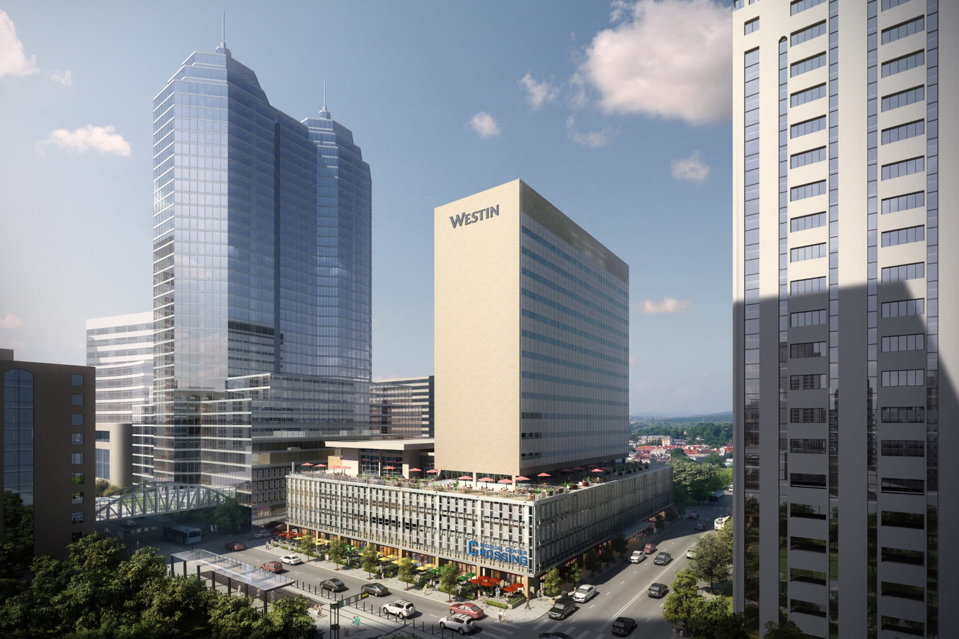 Architectural rendering of a Westin hotel and glass skyscrapers overlooking a busy city street.